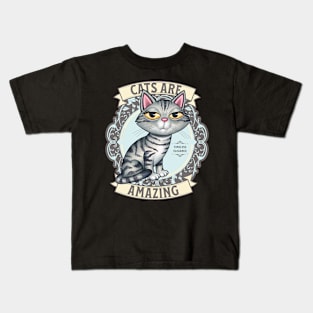 Cute Gray Kitty Cat on Silver Cats are Amazing Kids T-Shirt